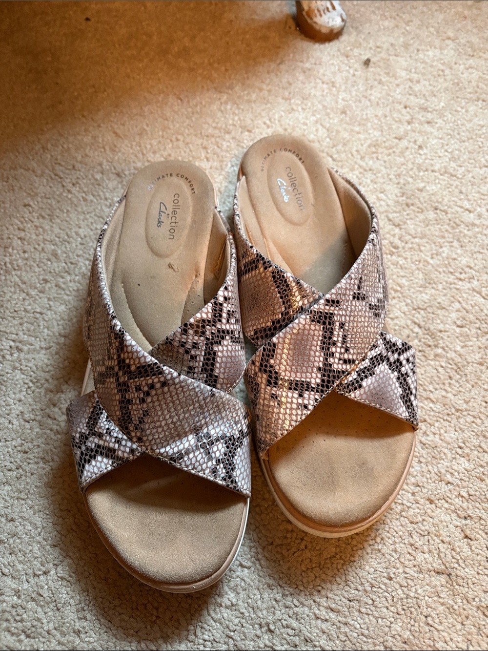 Clarks Snake-Print Crisscross Mules